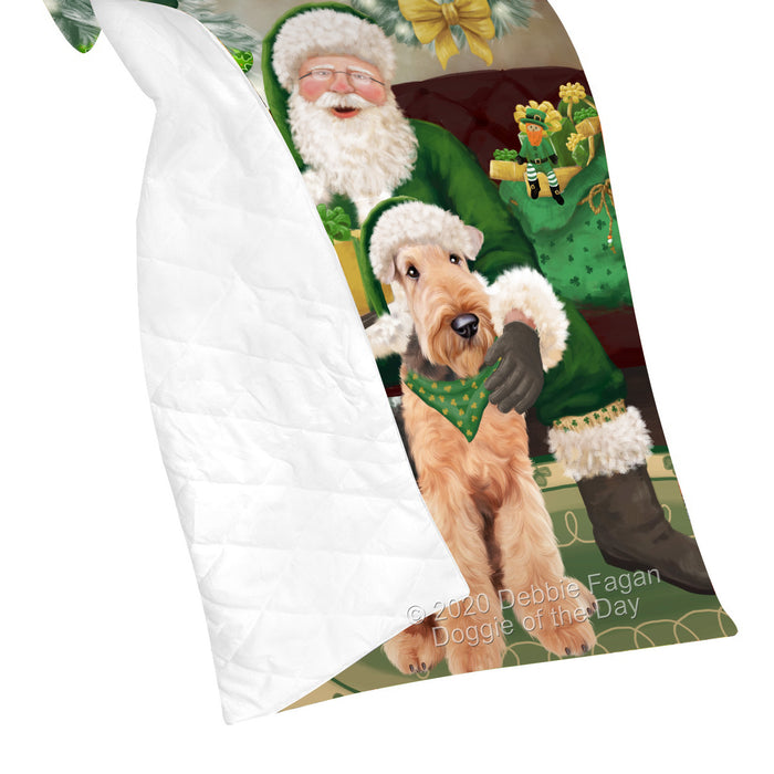 Christmas Irish Santa with Gift and Airedale Dog Quilt Bed Coverlet Bedspread - Pets Comforter Unique One-side Animal Printing - Soft Lightweight Durable Washable Polyester Quilt