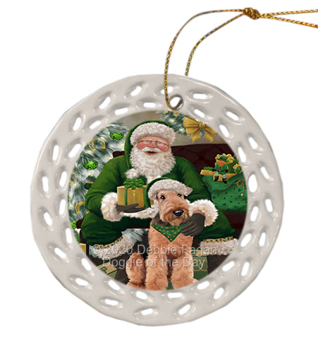 Christmas Irish Santa with Gift and Airedale Dog Doily Ornament DPOR59456
