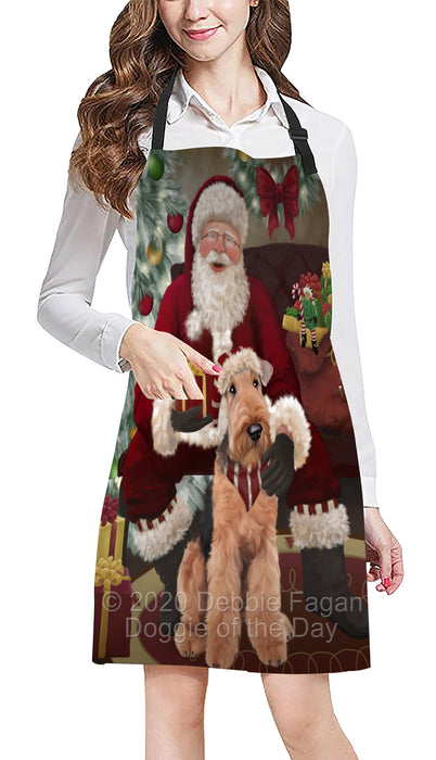 Santa's Christmas Surprise Airedale Dog Apron - Adjustable Long Neck Bib for Adults - Waterproof Polyester Fabric With 2 Pockets - Chef Apron for Cooking, Dish Washing, Gardening, and Pet Grooming