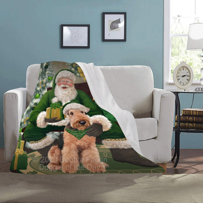 Christmas Irish Santa with Gift and Airedale Dog Blanket BLNKT141178