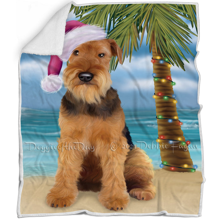 Summertime Happy Holidays Christmas Airedale Dog on Tropical Island Beach Blanket D151