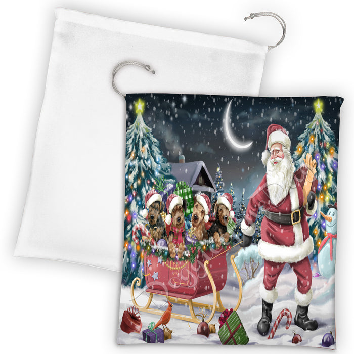 Santa Sled Dogs Christmas Happy Holidays Airedale Dogs Drawstring Laundry or Gift Bag LGB48656
