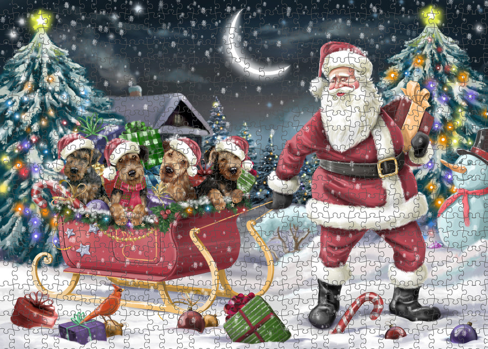 Christmas Santa Sled Airedale Dogs Portrait Jigsaw Puzzle for Adults Animal Interlocking Puzzle Game Unique Gift for Dog Lover's with Metal Tin Box