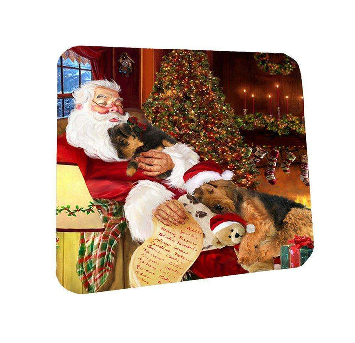 Airedale Dog and Puppies Sleeping with Santa Coasters Set of 4