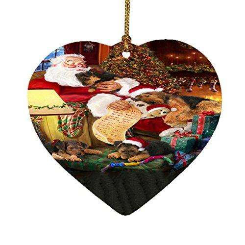 Airedale Dog and Puppies Sleeping with Santa Heart Christmas Ornament