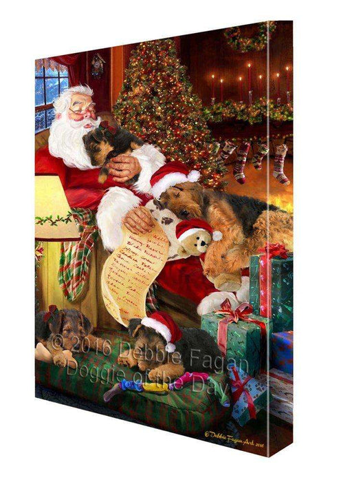 Airedale Dog and Puppies Sleeping with Santa Painting Printed on Canvas Wall Art