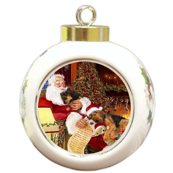Airedale Dog and Puppies Sleeping with Santa Round Ball Christmas Ornament D414
