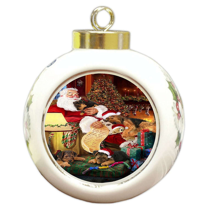 Airedale Dog and Puppies Sleeping with Santa Round Ball Christmas Ornament