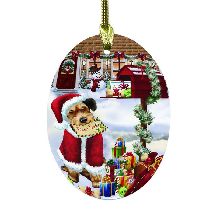 Airedale Dog Dear Santa Letter Christmas Holiday Mailbox Oval Glass Christmas Ornament OGOR48988