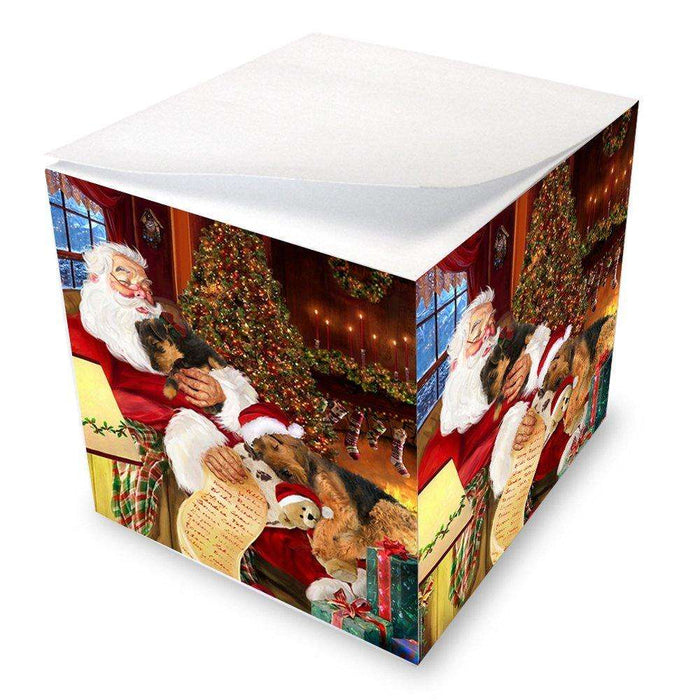 Airedale Dog with Puppies Sleeping with Santa Note Cube