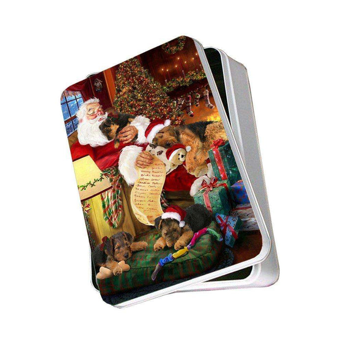 Airedale Dog with Puppies Sleeping with Santa Photo Tin