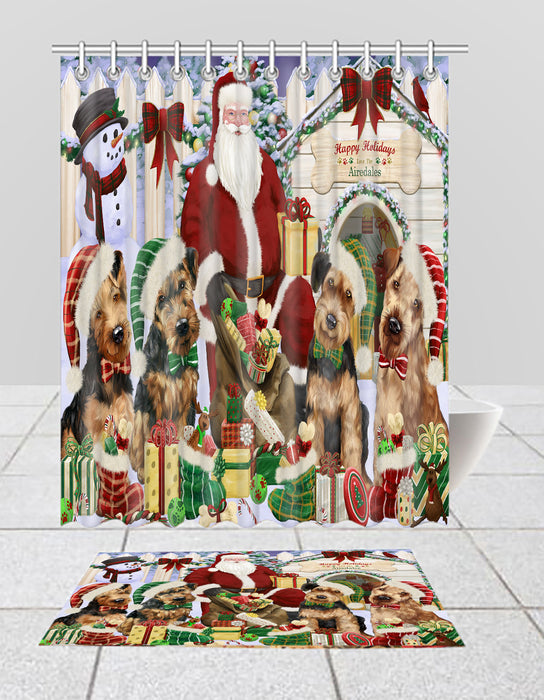 Happy Holidays Christmas Airedale Dogs House Gathering Bath Mat and Shower Curtain Combo