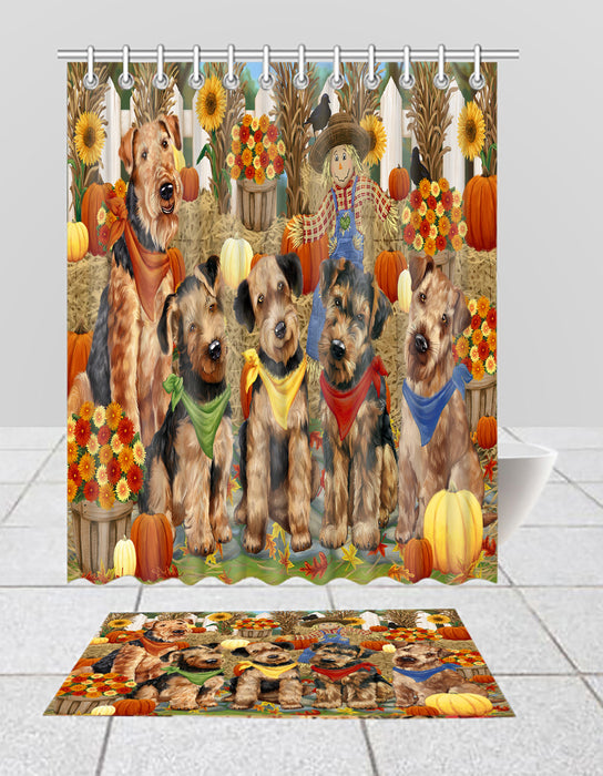 Fall Festive Harvest Time Gathering Airedale Dogs Bath Mat and Shower Curtain Combo