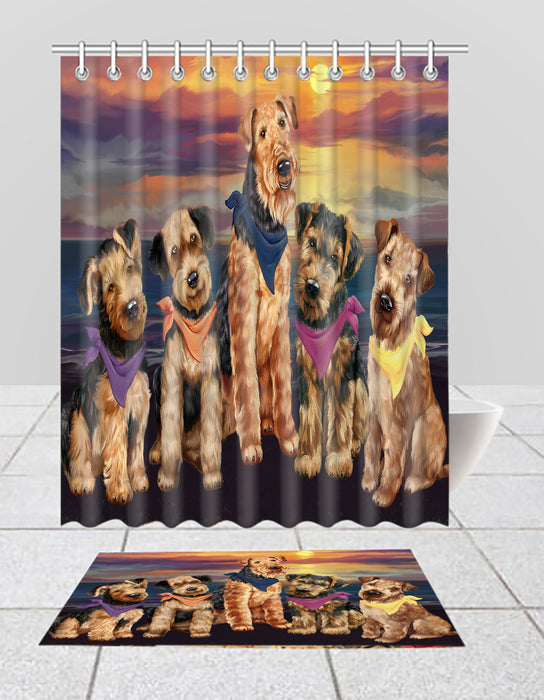 Family Sunset Portrait Airedale Dogs Bath Mat and Shower Curtain Combo