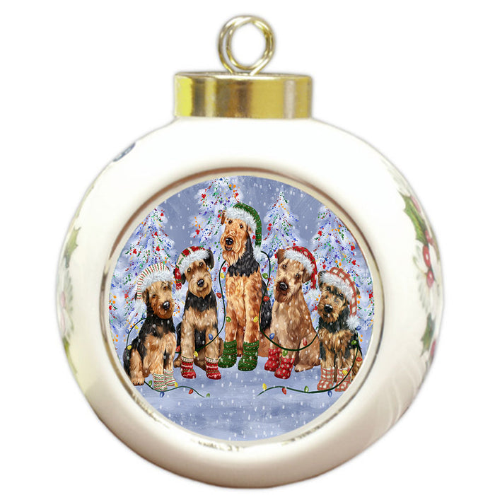 Christmas Lights and Airedale Dogs Round Ball Christmas Ornament Pet Decorative Hanging Ornaments for Christmas X-mas Tree Decorations - 3" Round Ceramic Ornament