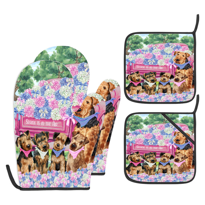 Airedale Terrier Oven Mitts and Pot Holder Set: Explore a Variety of Designs, Personalized, Potholders with Kitchen Gloves for Cooking, Custom, Halloween Gifts for Dog Mom