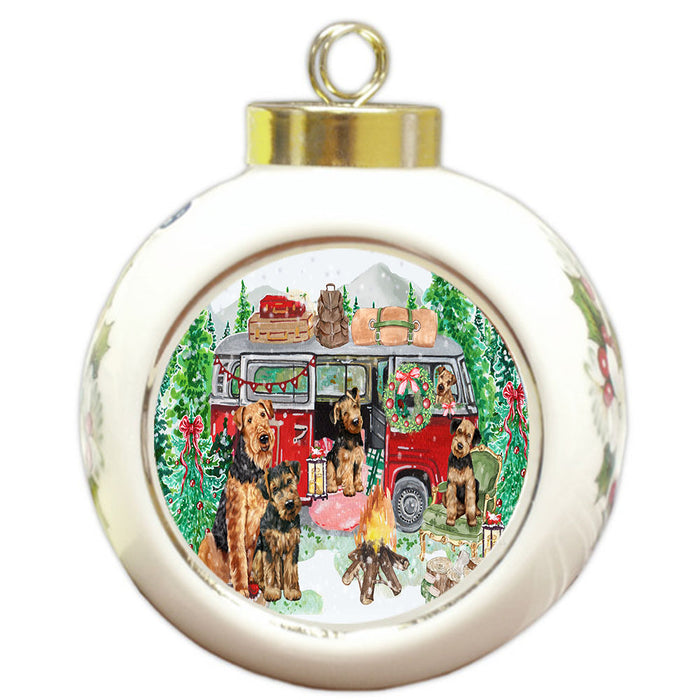 Christmas Time Camping with Airedale Dogs Round Ball Christmas Ornament Pet Decorative Hanging Ornaments for Christmas X-mas Tree Decorations - 3" Round Ceramic Ornament