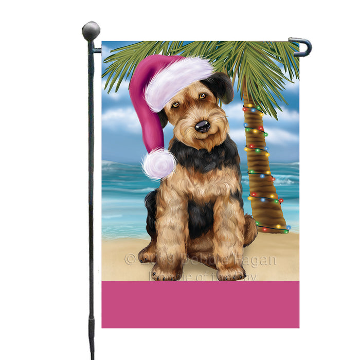 Personalized Summertime Happy Holidays Christmas Airedale Dog on Tropical Island Beach  Custom Garden Flags GFLG-DOTD-A60364