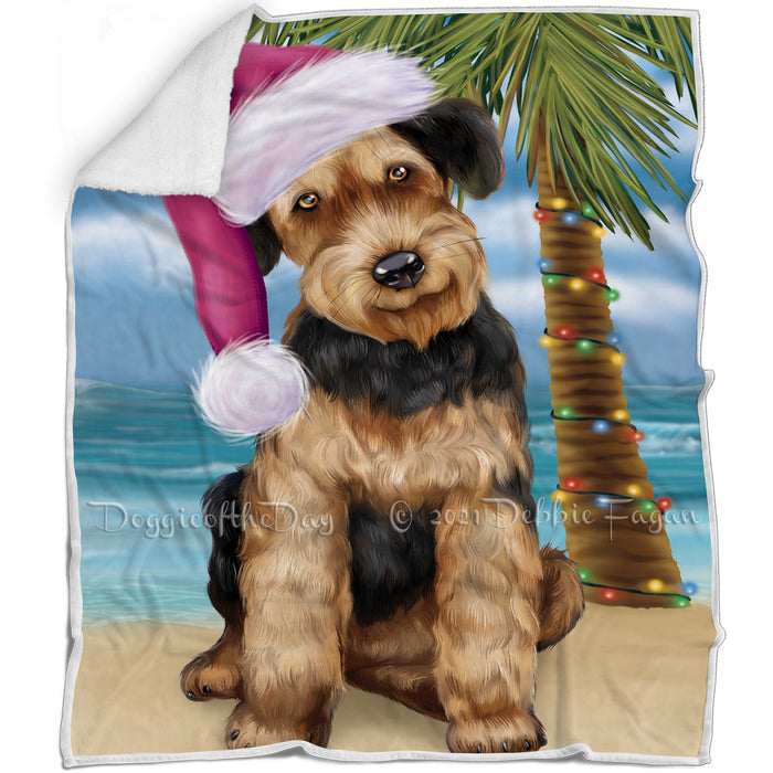 Summertime Happy Holidays Christmas Airedale Dog on Tropical Island Beach Blanket