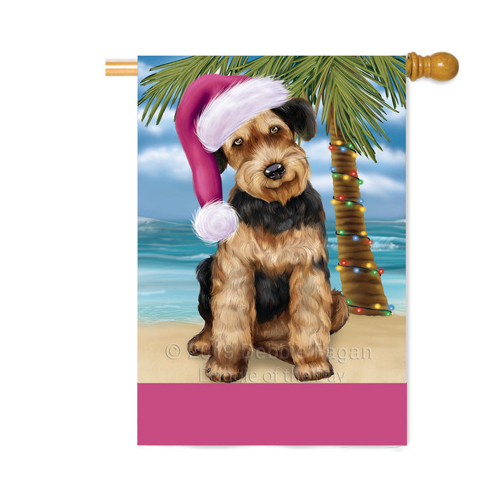 Personalized Summertime Happy Holidays Christmas Airedale Dog on Tropical Island Beach Custom House Flag FLG-DOTD-A60420