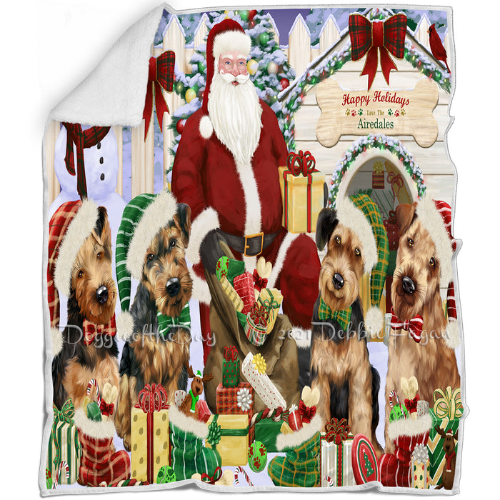 Happy Holidays Christmas Airedale Terriers Dog House Gathering Blanket BLNKT77502