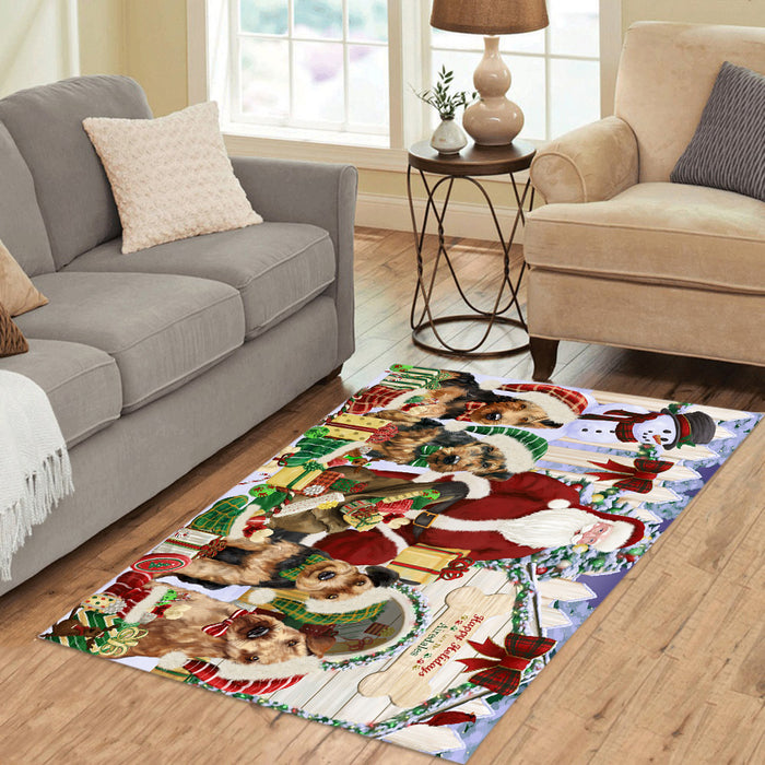 Happy Holidays Christma Airedale Dogs House Gathering Area Rug