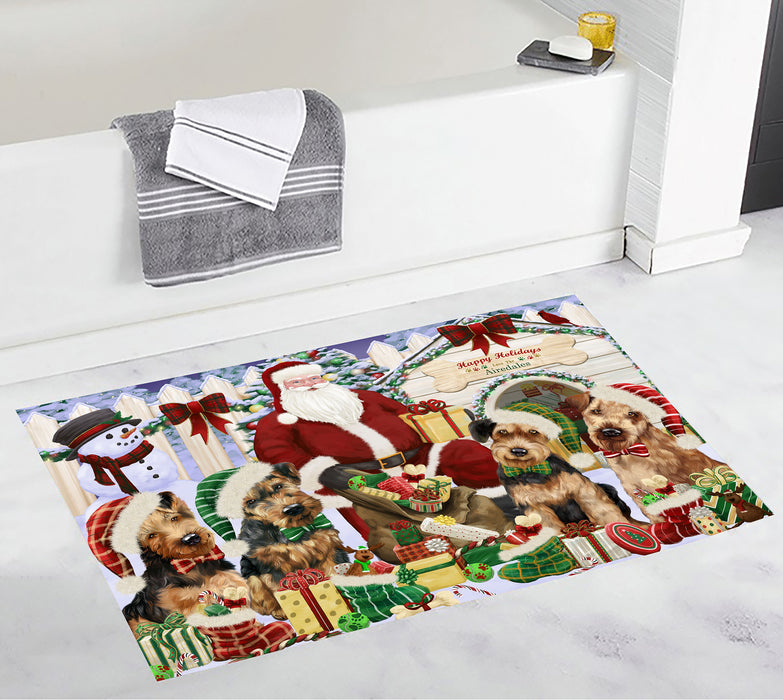 Happy Holidays Christma Airedale Dogs House Gathering Bath Mat
