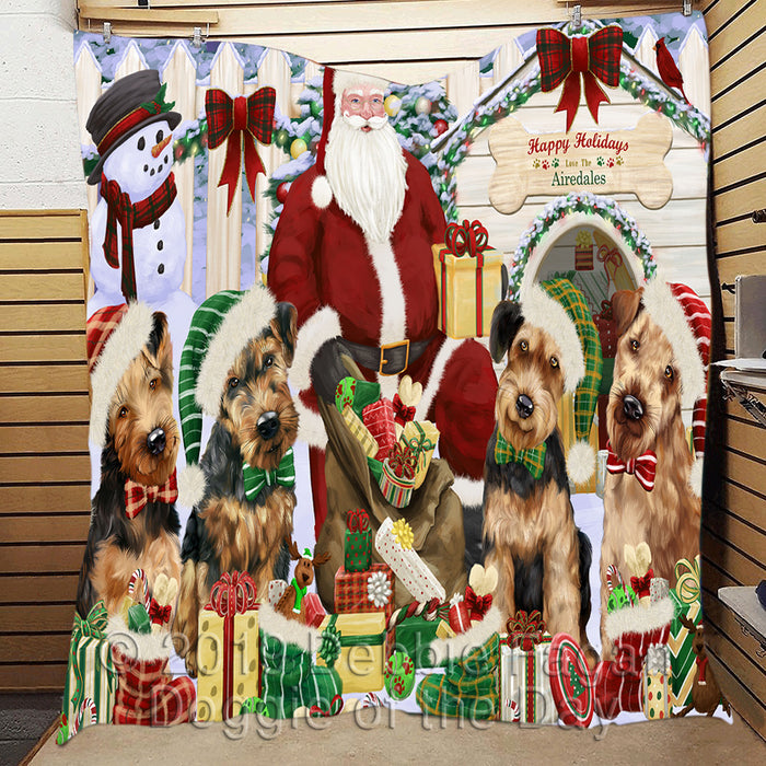 Happy Holidays Christmas Airedale Dogs House Gathering Quilt