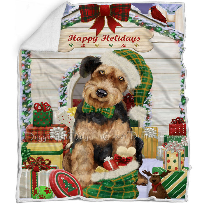 Happy Holidays Christmas Airedale Terrier Dog House with Presents Blanket BLNKT77745