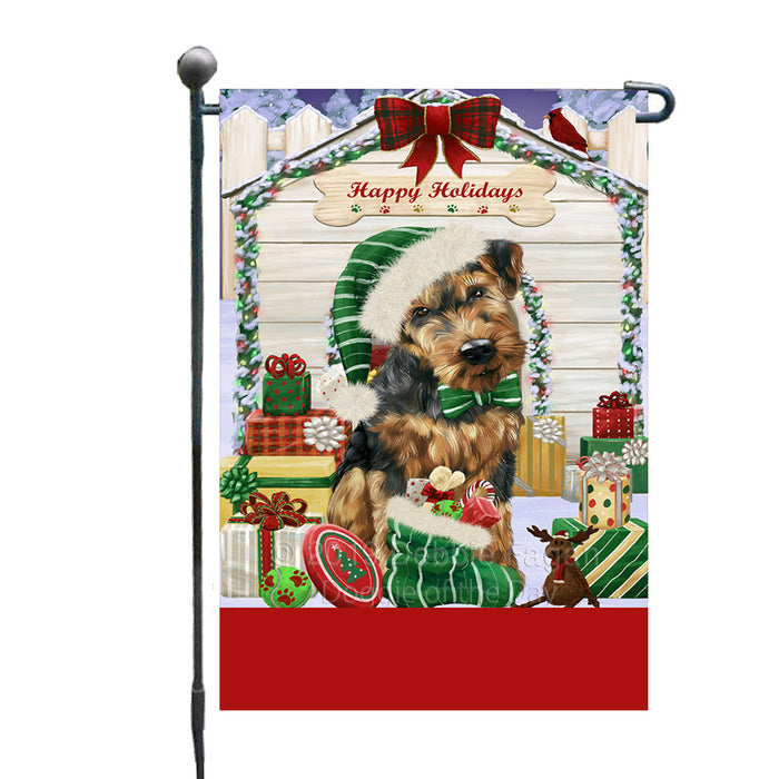 Personalized Happy Holidays Christmas Airedale Dog House with Presents Custom Garden Flags GFLG-DOTD-A59256