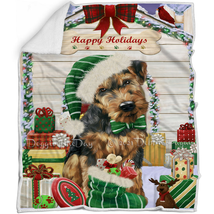 Happy Holidays Christmas Airedale Terrier Dog House with Presents Blanket BLNKT77754