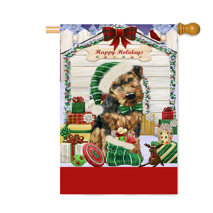Personalized Happy Holidays Christmas Airedale Dog House with Presents Custom House Flag FLG-DOTD-A59312