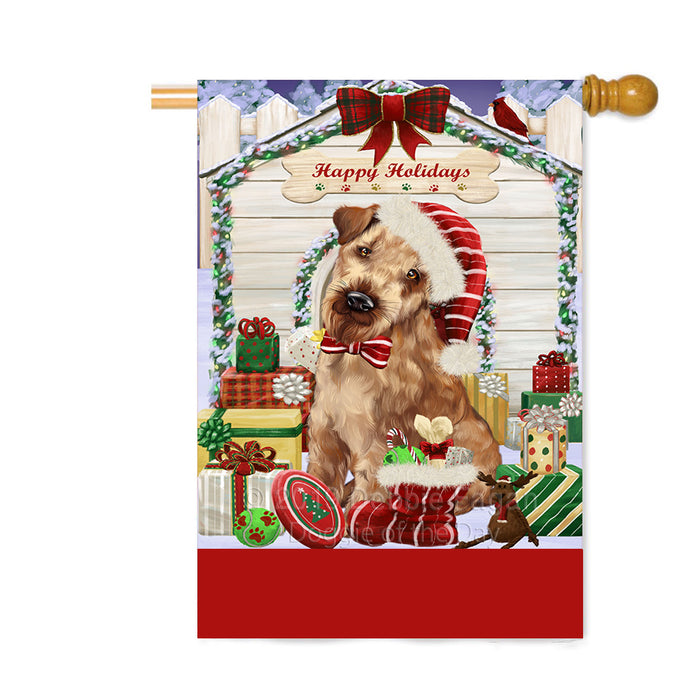 Personalized Happy Holidays Christmas Airedale Dog House with Presents Custom House Flag FLG-DOTD-A59313