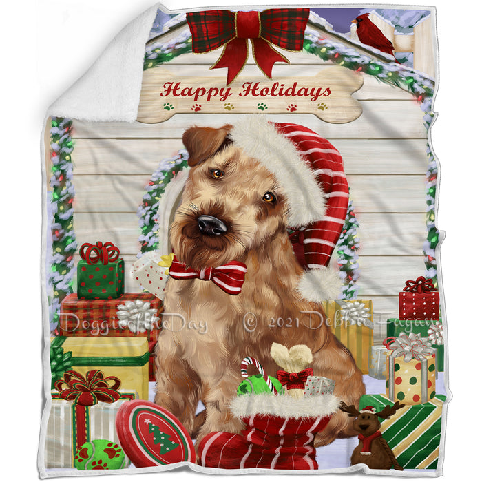 Happy Holidays Christmas Airedale Terrier Dog House with Presents Blanket BLNKT77772