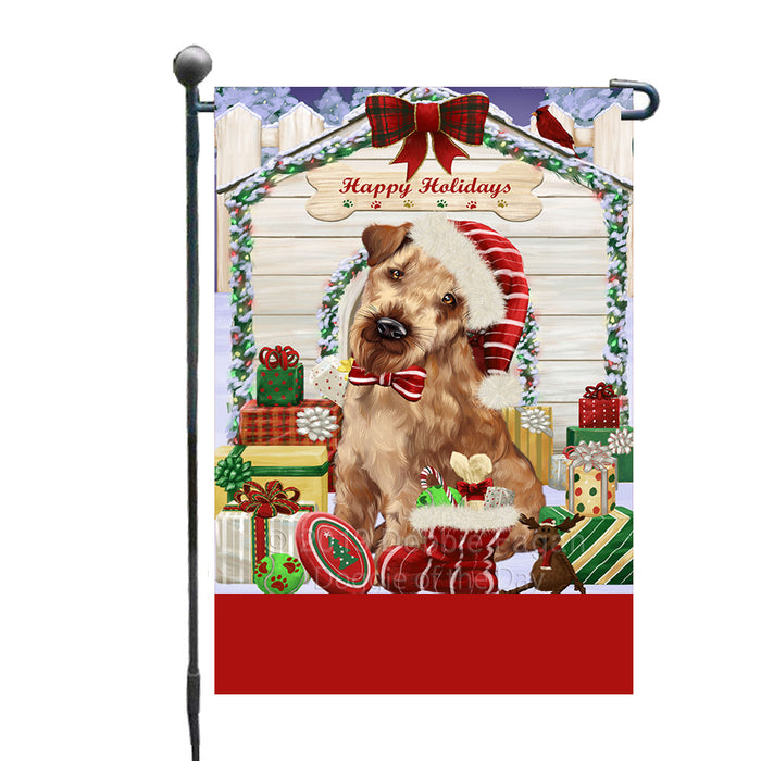 Personalized Happy Holidays Christmas Airedale Dog House with Presents Custom Garden Flags GFLG-DOTD-A59257