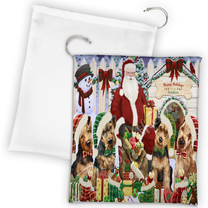 Happy Holidays Christmas Airedale Dogs House Gathering Drawstring Laundry or Gift Bag LGB48003