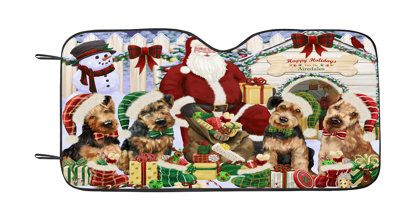 Happy Holidays Christmas Airedale Dogs House Gathering Car Sun Shade