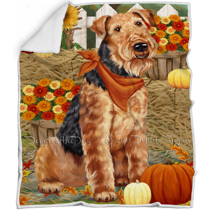 Fall Autumn Greeting Airedale Terrier Dog with Pumpkins Blanket BLNKT71994