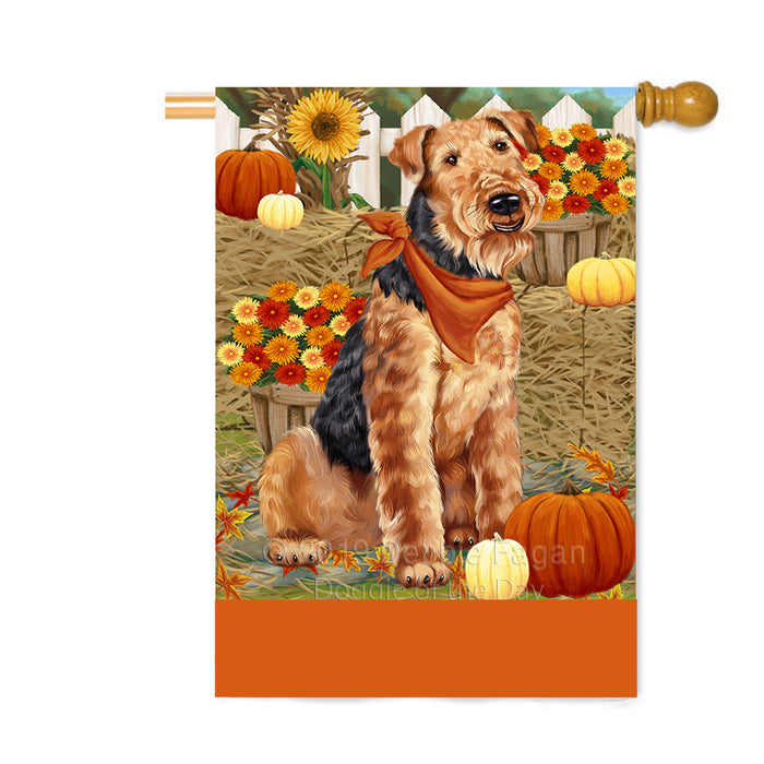 Personalized Fall Autumn Greeting Airedale Dog with Pumpkins Custom House Flag FLG-DOTD-A61804