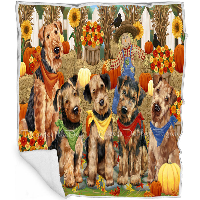 Fall Festive Gathering Airedale Terriers with Pumpkins Blanket BLNKT71607