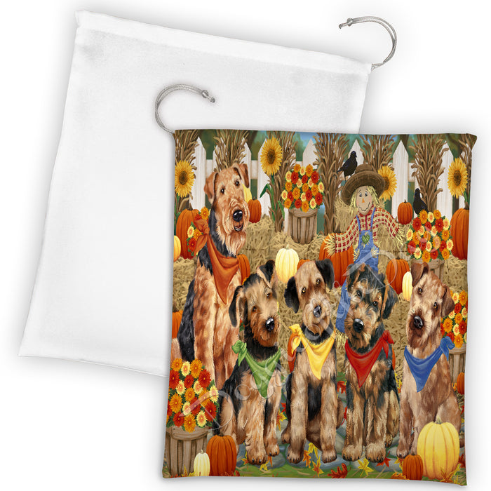 Fall Festive Harvest Time Gathering Airedale Dogs Drawstring Laundry or Gift Bag LGB48361