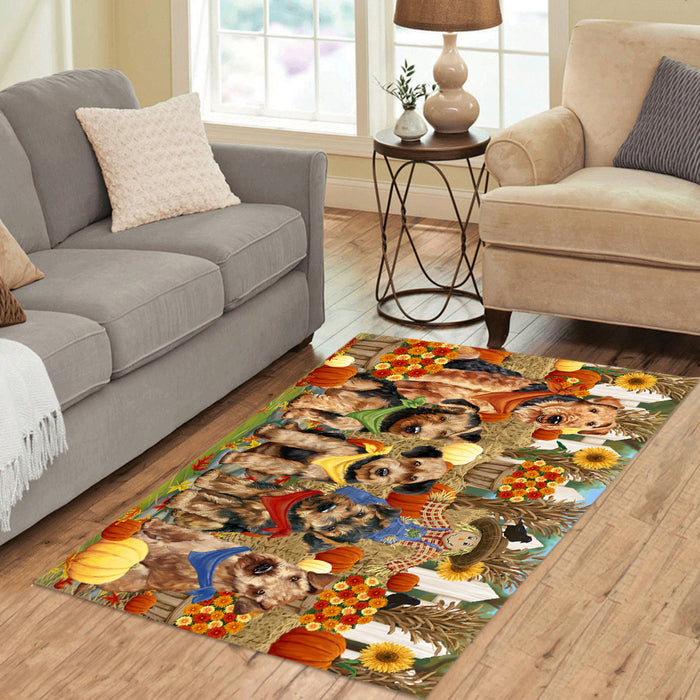 Fall Festive Harvest Time Gathering Airedale Dogs Area Rug
