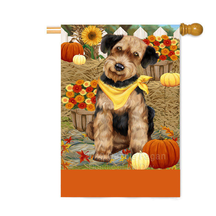 Personalized Fall Autumn Greeting Airedale Dog with Pumpkins Custom House Flag FLG-DOTD-A61806