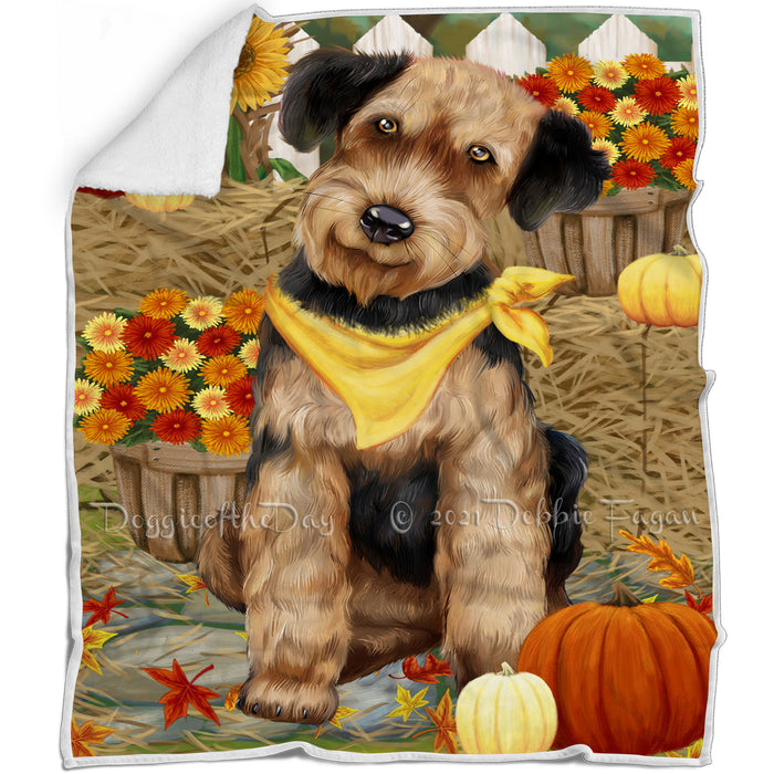 Fall Autumn Greeting Airedale Terrier Dog with Pumpkins Blanket BLNKT72003