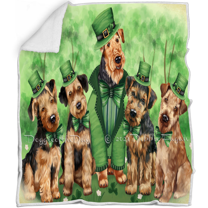 St. Patricks Day Irish Family Portrait Airedale Terriers Dog Blanket BLNKT51555