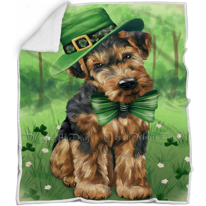 St. Patricks Day Irish Portrait Airedale Terrier Dog Blanket BLNKT51546