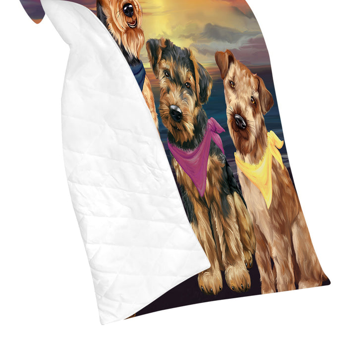 Family Sunset Portrait Airedale Dogs Quilt
