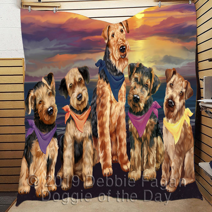 Family Sunset Portrait Airedale Dogs Quilt