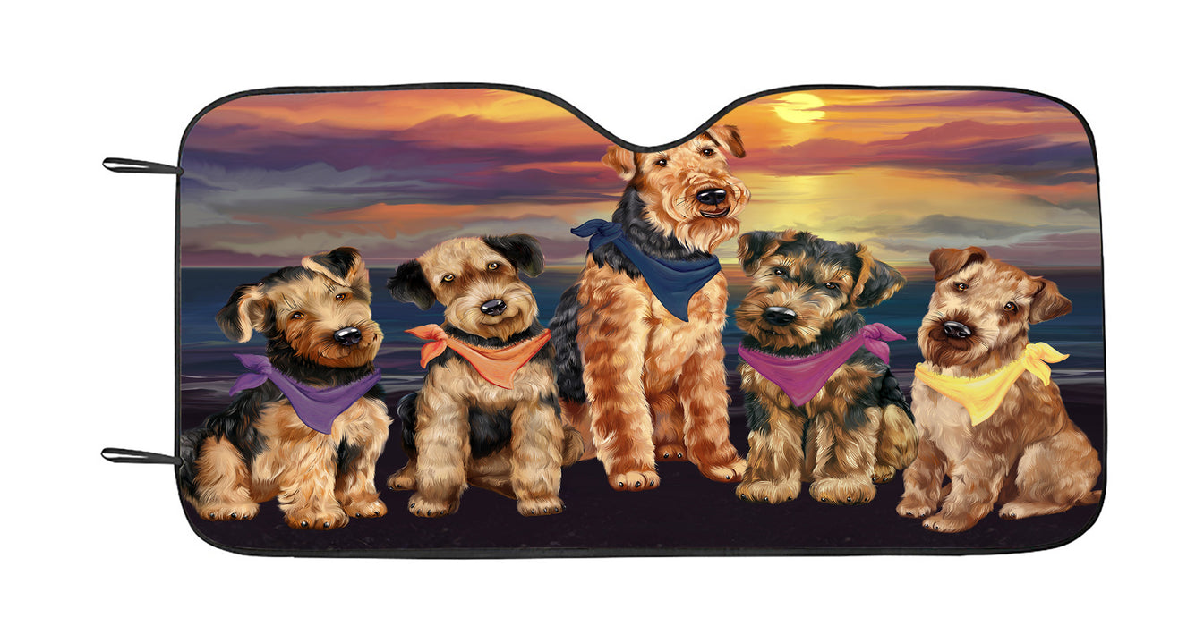 Family Sunset Portrait Airedale Dogs Car Sun Shade