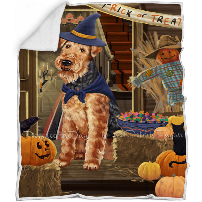 Enter at Own Risk Trick or Treat Halloween Airedale Terrier Dog Blanket BLNKT93657